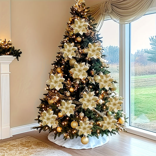 60pcs 5.9-inch Shiny Double-Layer Pink Edge Christmas Floral Strips with Tree Decor and Wreath Accessories, Suitable for Holiday Parties & Weddings – Includes 30 Flower Branches + 30 Clips