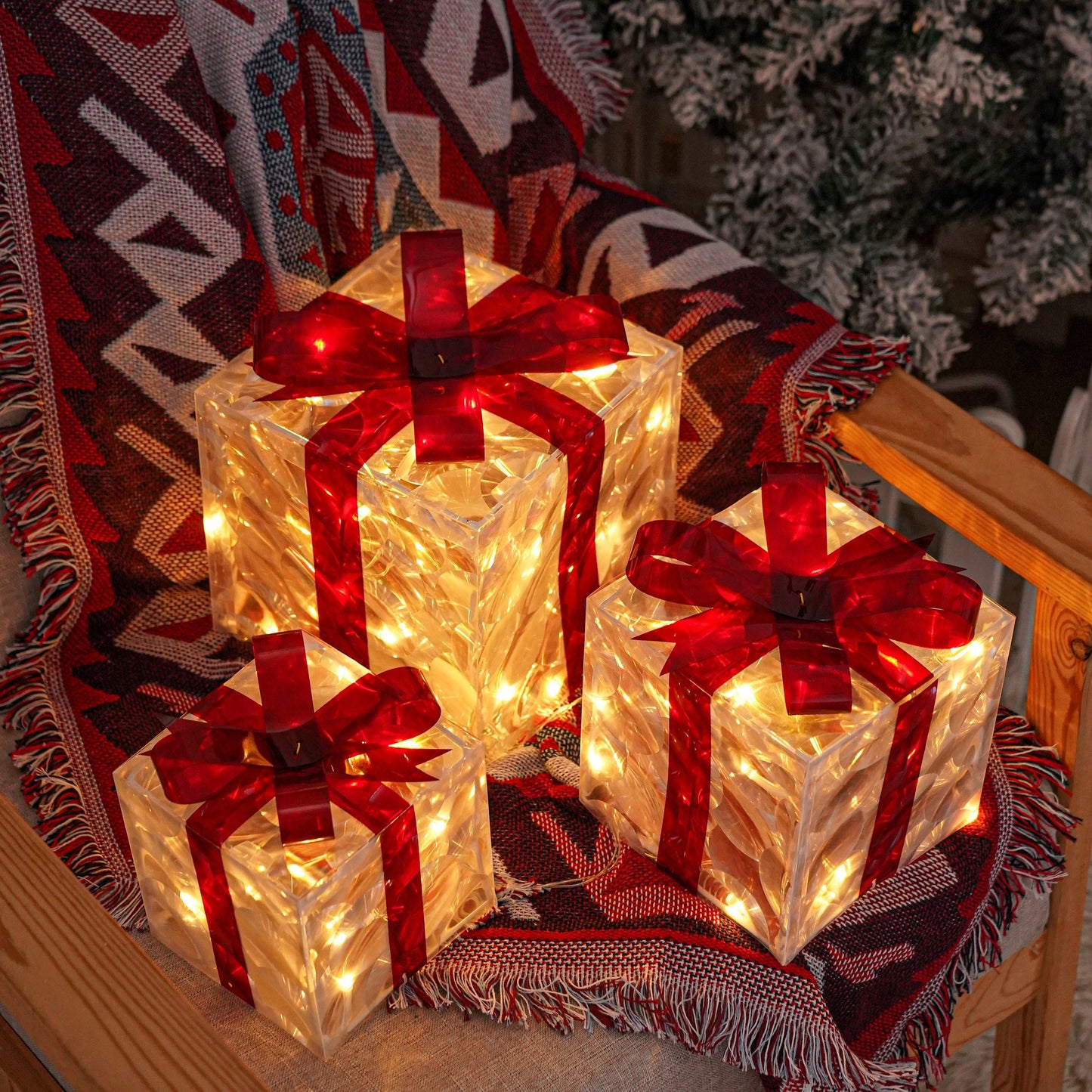 Set of 3 ChristmasLighted Gift Boxes, Transparent  Lighted Christmas Box Decrations, Presents Boxs with Red Bows for Christams Tree, Yard, Home, Christams outdoor Decorations