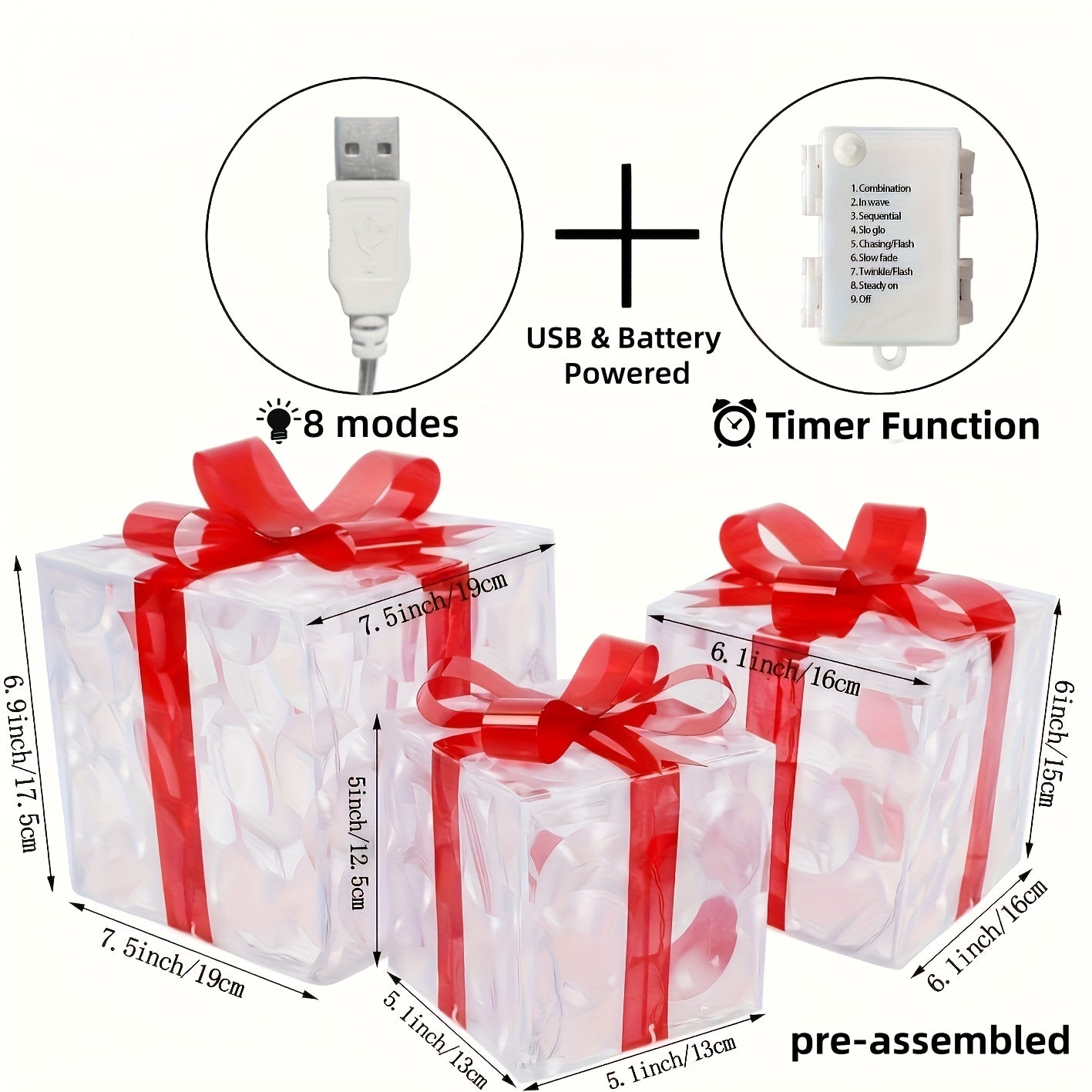 Set of 3 ChristmasLighted Gift Boxes, Transparent  Lighted Christmas Box Decrations, Presents Boxs with Red Bows for Christams Tree, Yard, Home, Christams outdoor Decorations