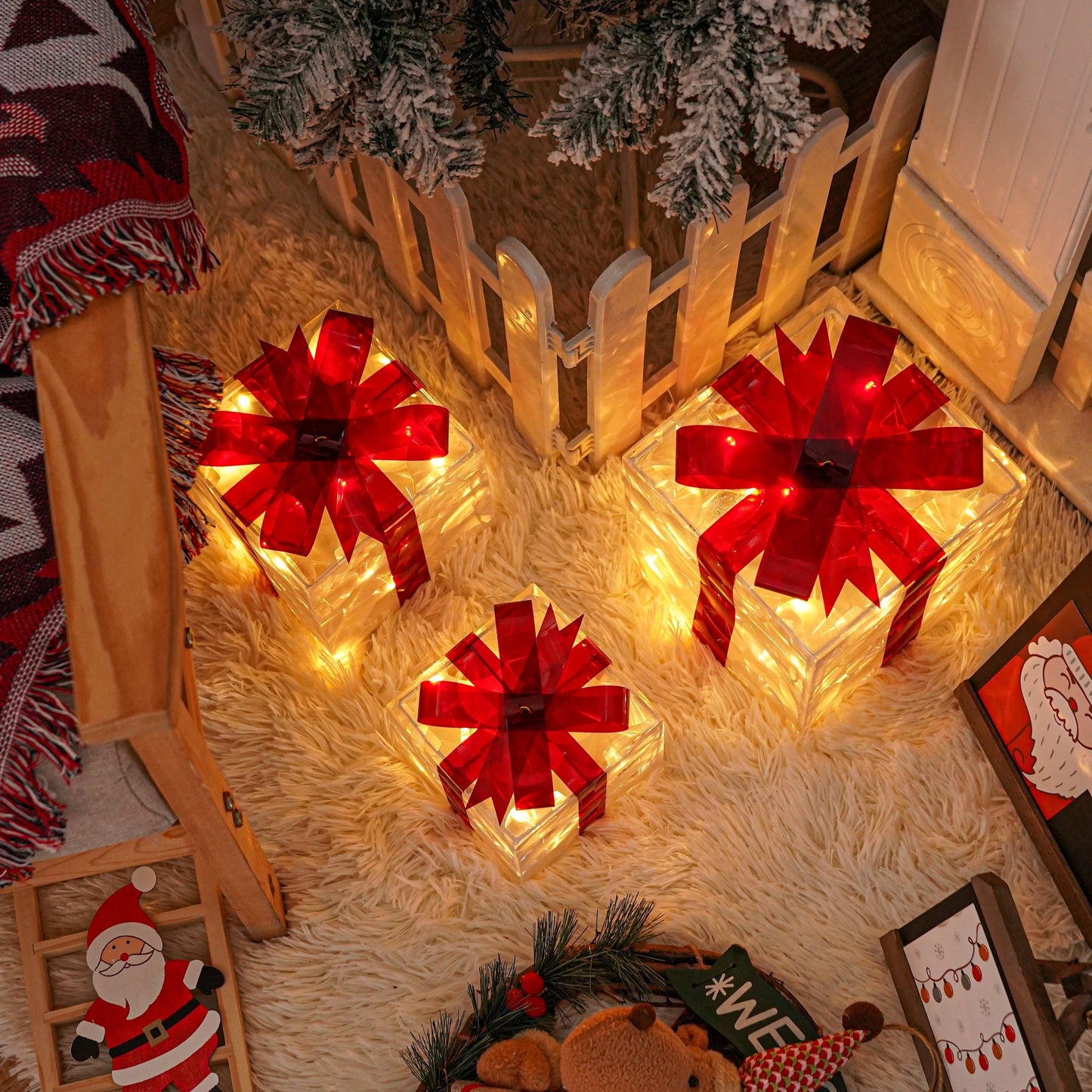 Set of 3 ChristmasLighted Gift Boxes, Transparent  Lighted Christmas Box Decrations, Presents Boxs with Red Bows for Christams Tree, Yard, Home, Christams outdoor Decorations